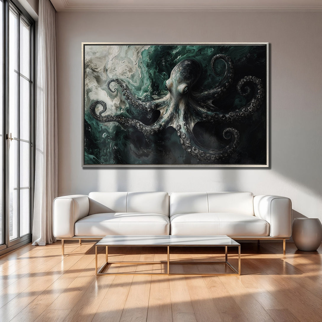 Framed Wall Art: Abstract octopus painting in teal and gray tones. Modern art print adds a touch of elegance to any living room.