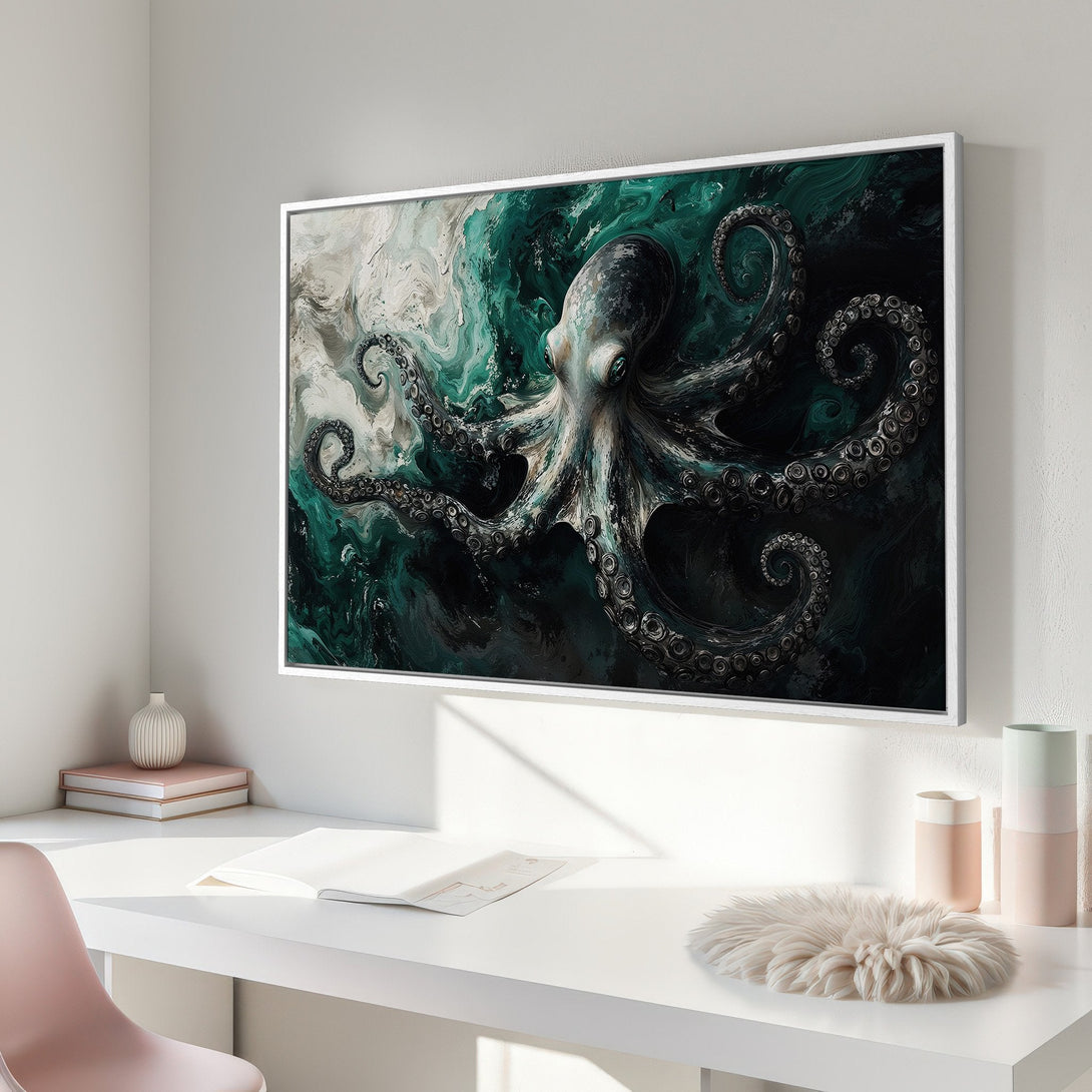 Framed Wall Art: Octopus painting in teal & grey tones. Modern art canvas print for coastal decor & home design. Elevate your space!