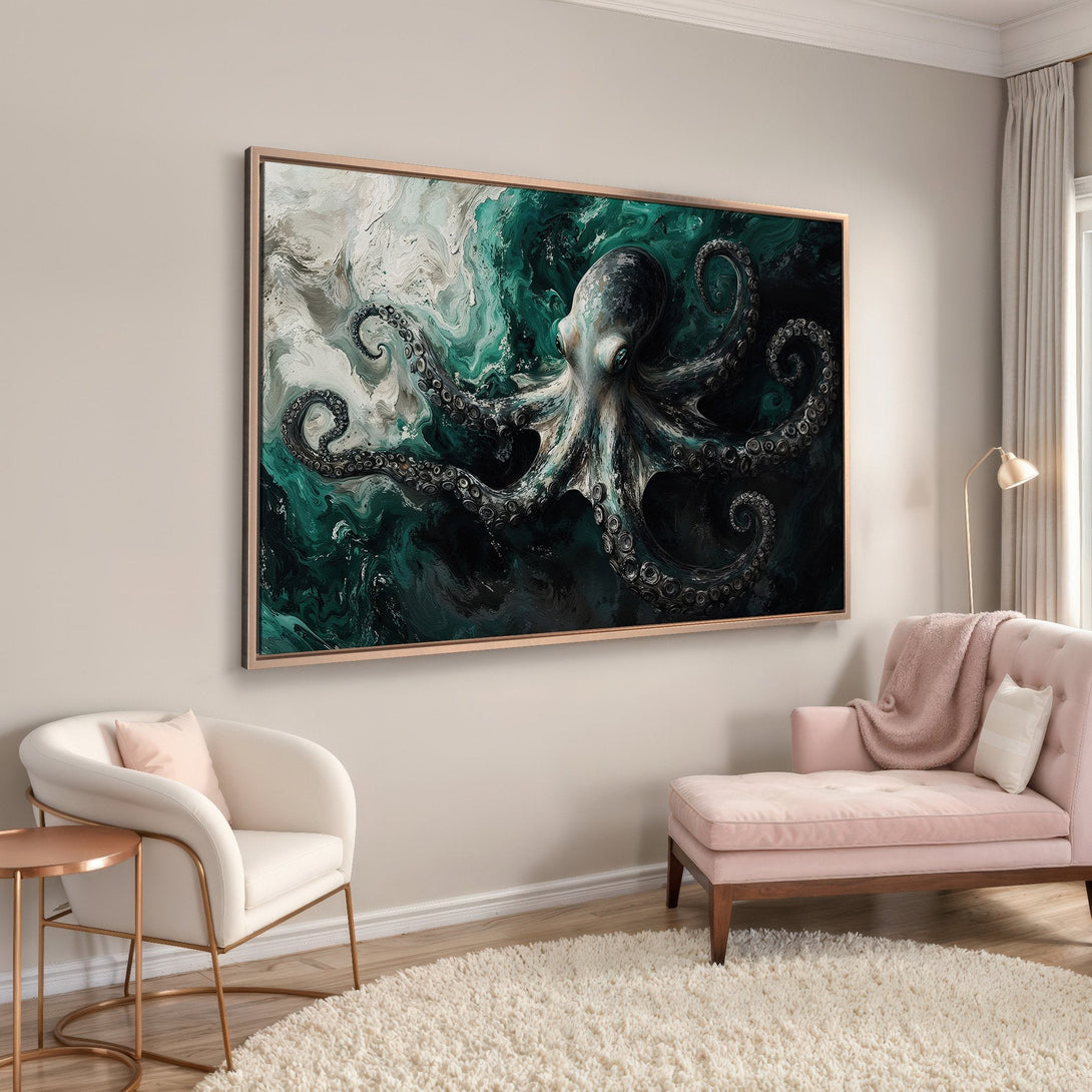 Framed Wall Art: Abstract octopus painting in teal and white. Modern art canvas print adds a touch of coastal style to any room.
