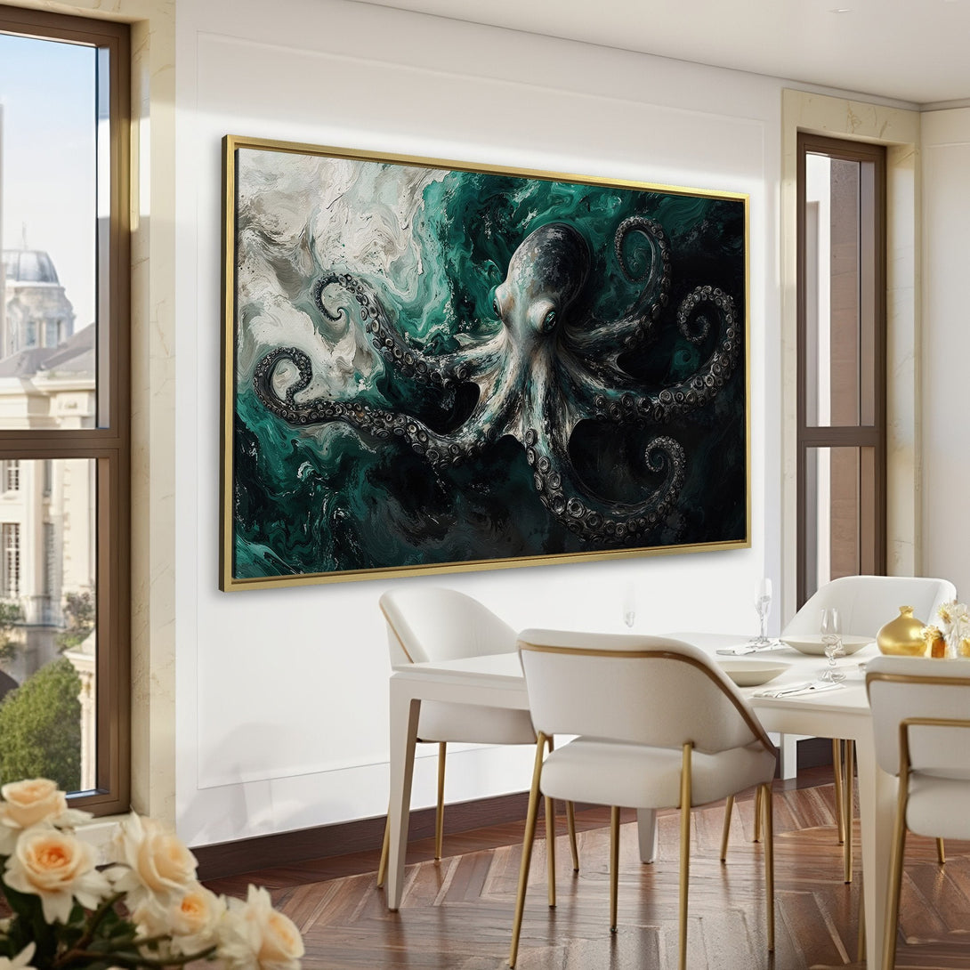 Abstract octopus Canvas Print in moody teal and gray tones. Perfect for adding a touch of artistic elegance to your home decor.