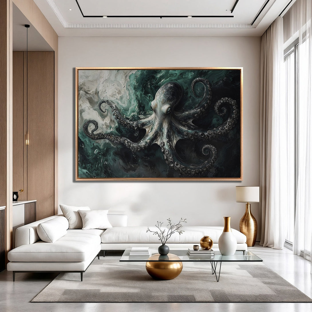 Framed Wall Art: Octopus painting in teal and gray tones. Modern abstract style Canvas Print adds a sophisticated touch to any living room.