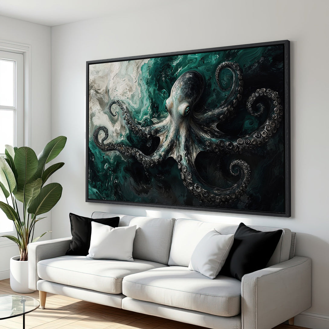 Framed Wall Art: Stunning octopus art print in teal and gray. Modern abstract style canvas print adds a bold statement to any room. Shop now!