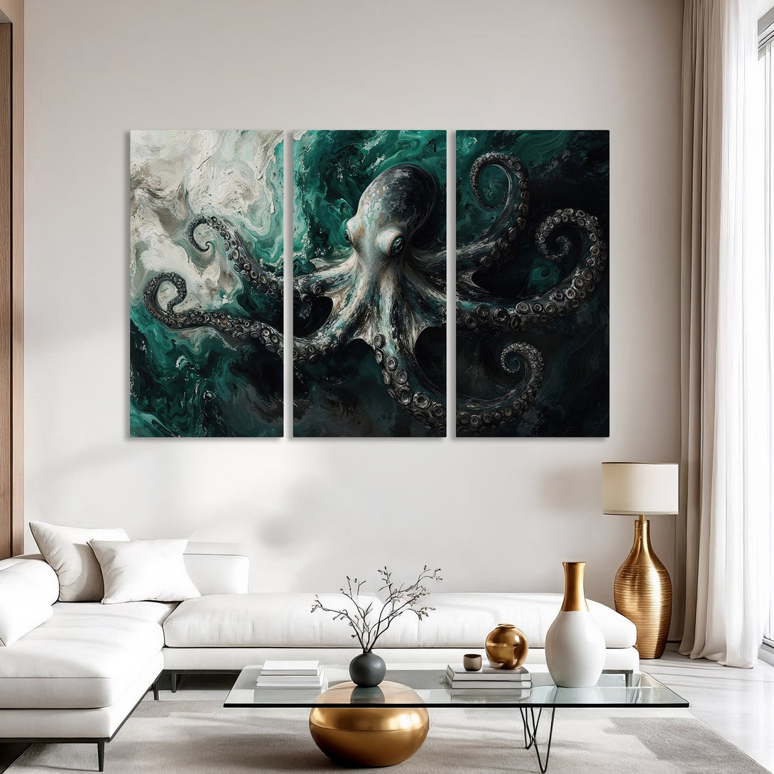 Canvas Print: Abstract octopus art in teal and white. Modern wall decor for a stylish living room. Enhance your space with this captivating piece.