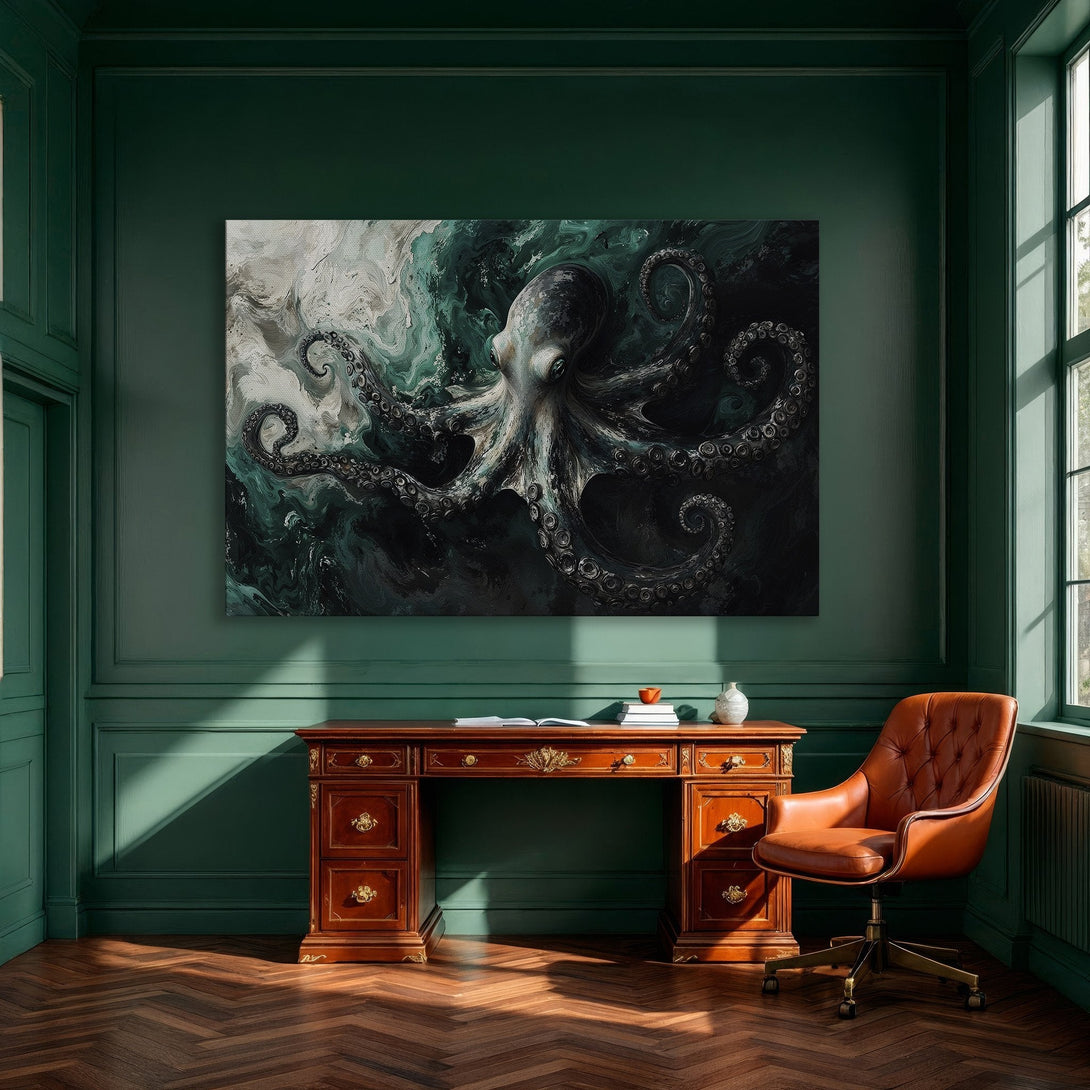 Framed Wall Art featuring an abstract octopus in teal and gray tones. Modern art canvas print adds a touch of elegance to any interior.