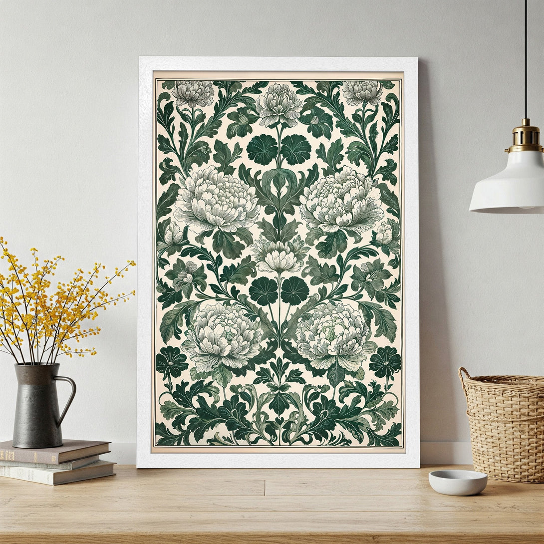 Framed Poster featuring a floral design in a vintage style with a green and cream color palette, perfect wall art.