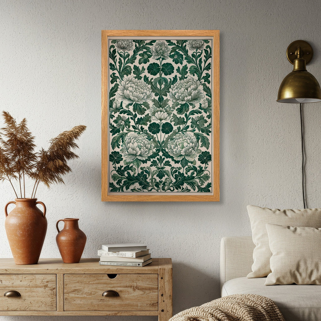Framed Poster featuring a floral design in green and white, perfect for adding a touch of elegance to your home decor.