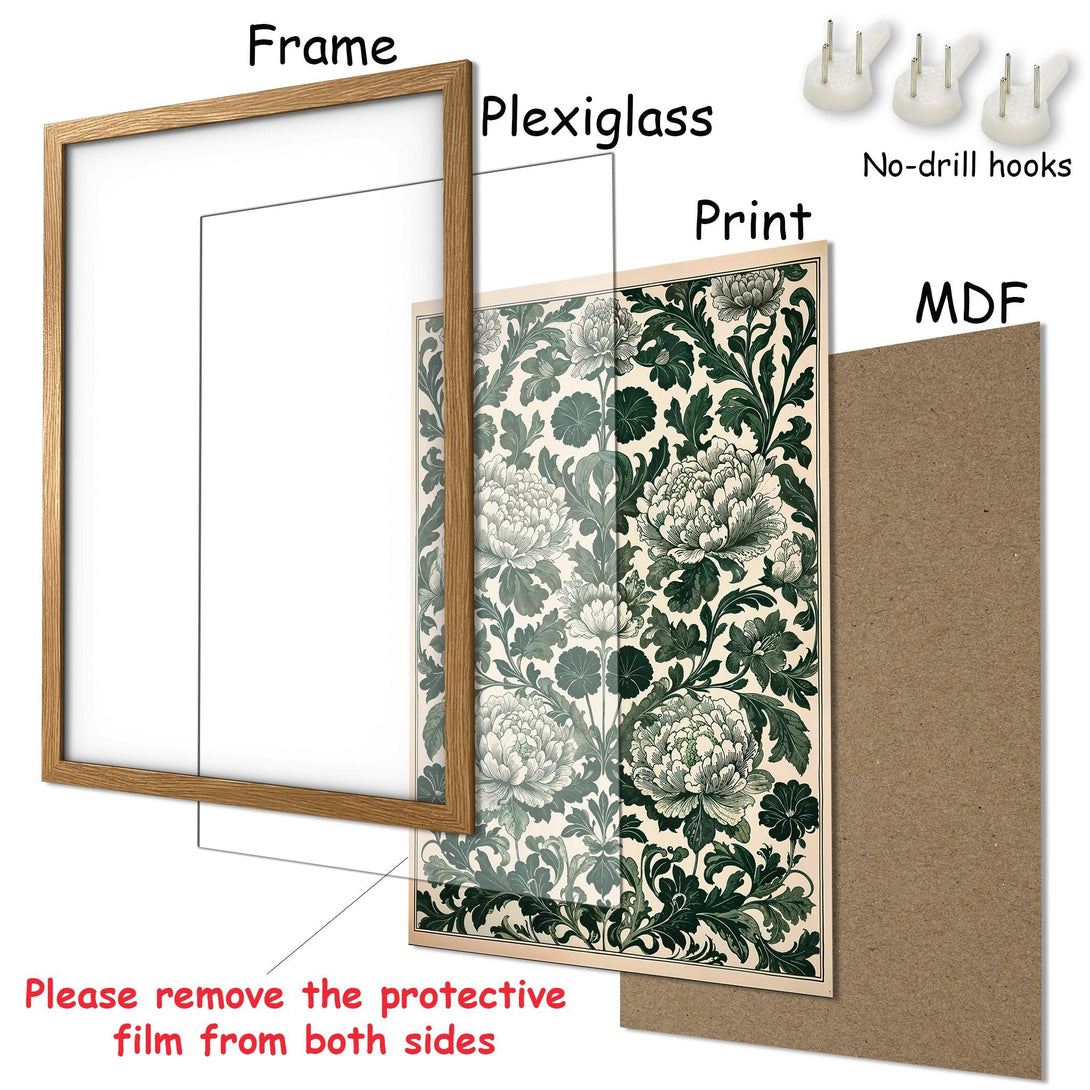 Framed Poster with floral design in green and cream. Perfect art for your home! Includes frame, plexiglass, and no-drill hooks.