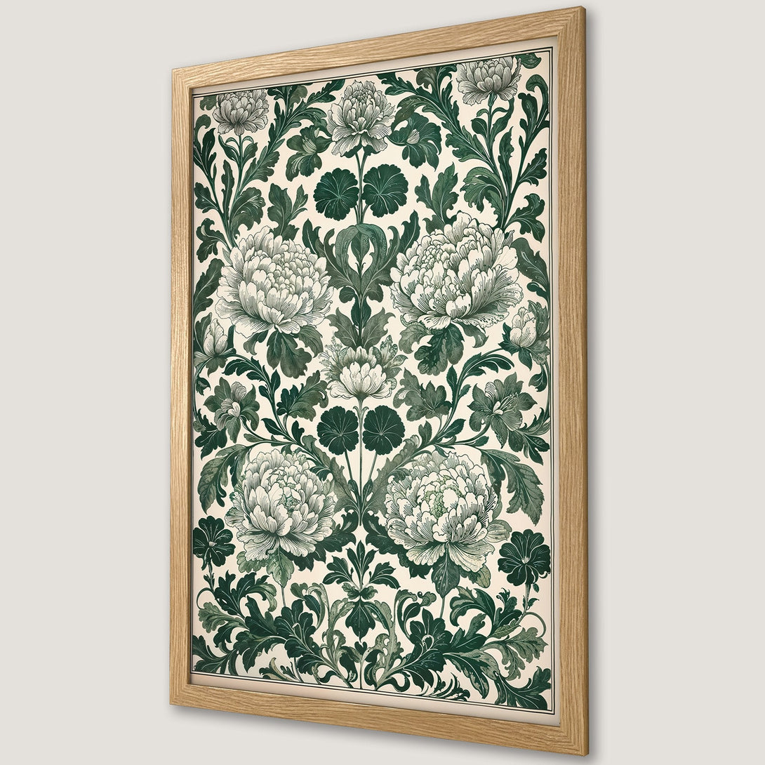 Framed Poster featuring a floral design in a vintage style with a green and cream color palette, perfect for home decor.