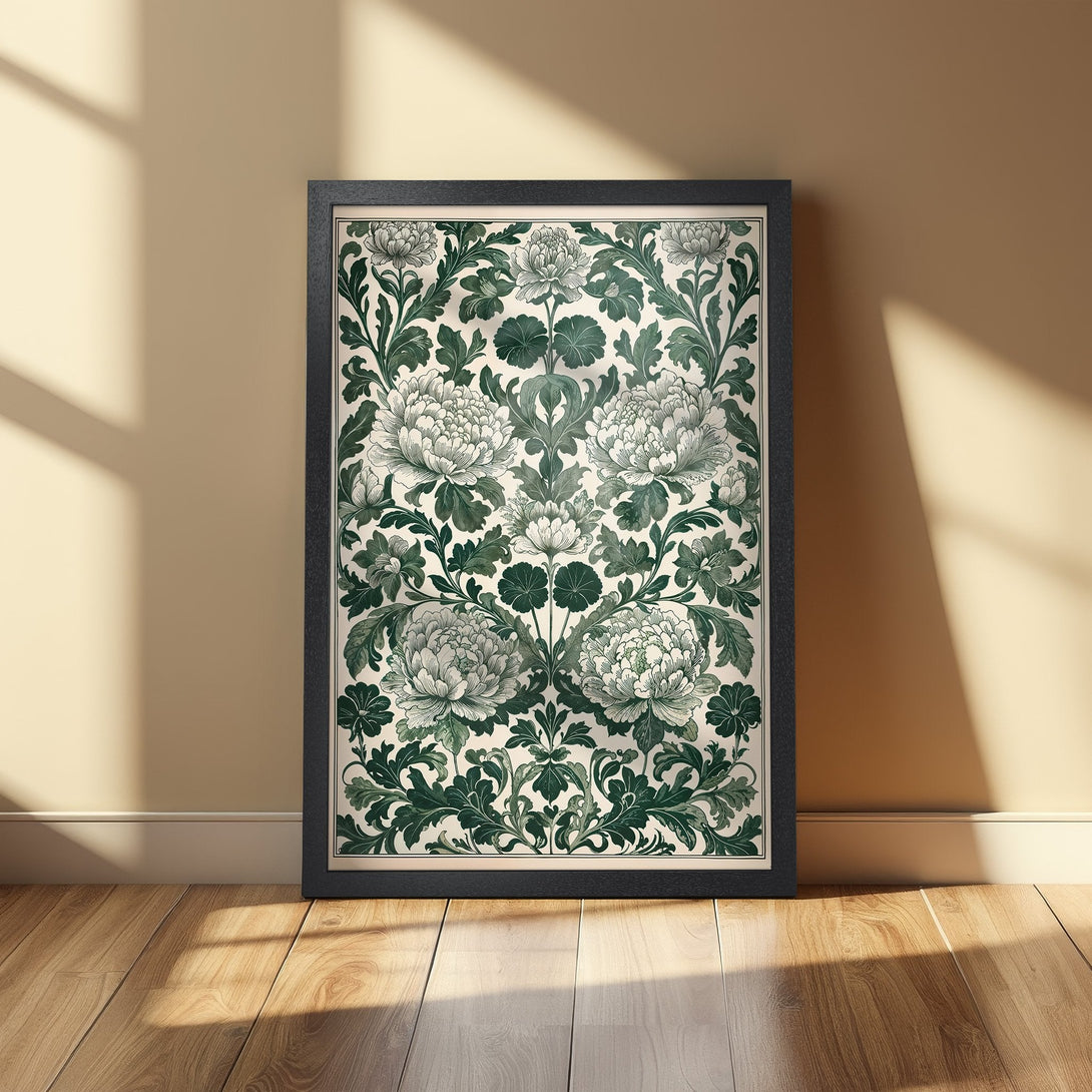 Framed Poster featuring a floral design in green and white, perfect for adding elegance to any space.