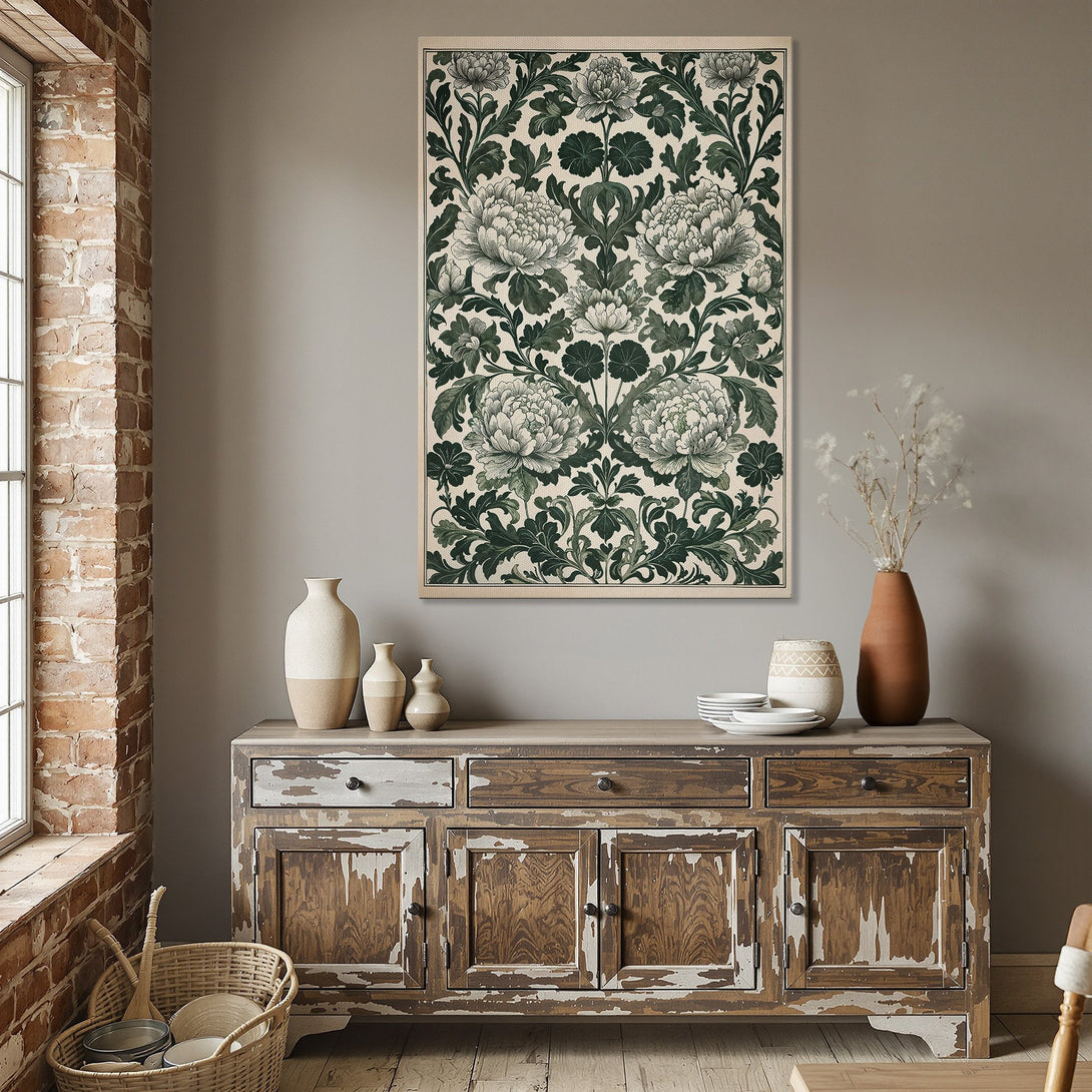 Framed Wall Art featuring a floral pattern in green and cream. Elegant decor for dining room. Shop our Canvas Print collection today!