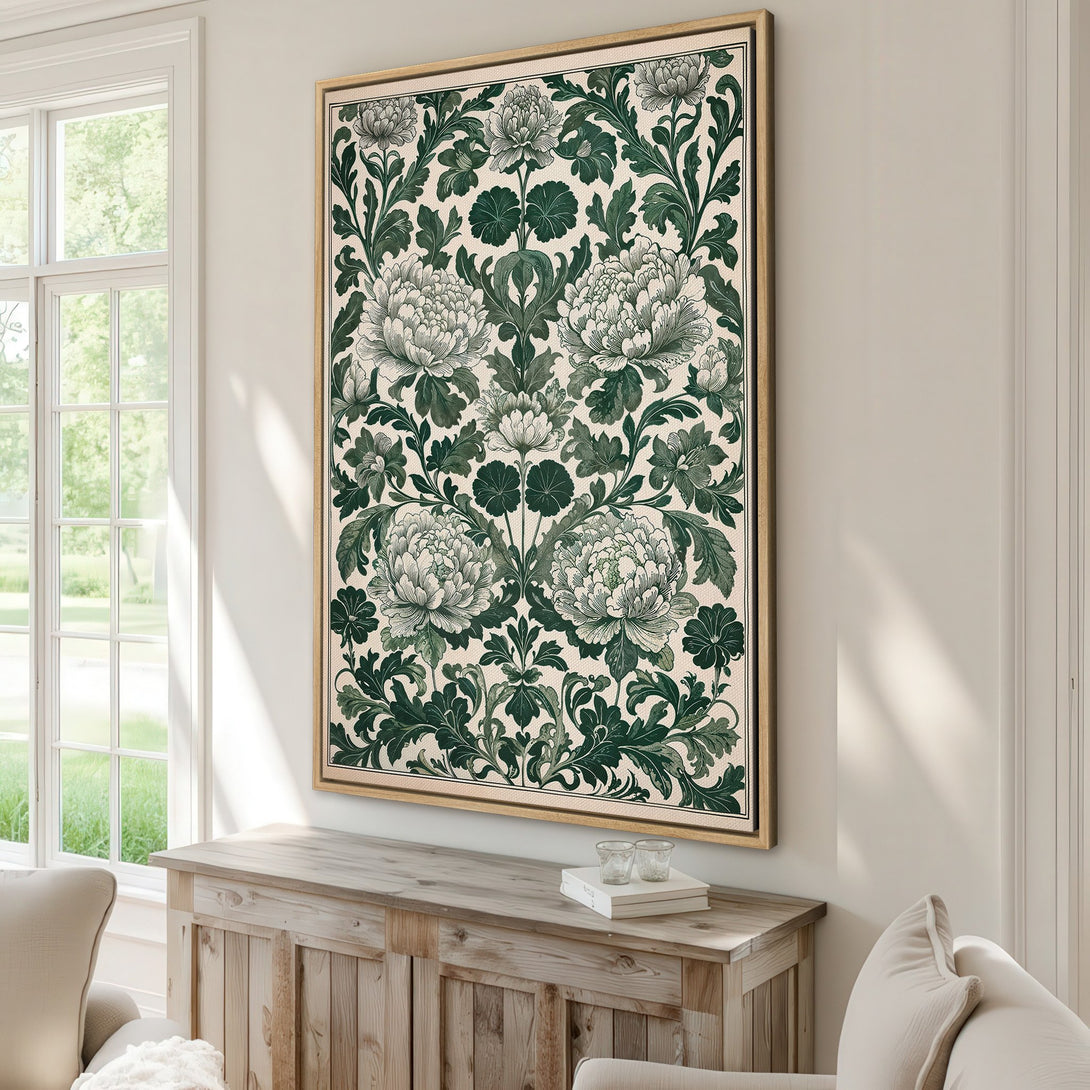 Framed Wall Art featuring a botanical floral design in green and cream. Perfect for adding a touch of elegance to any space.