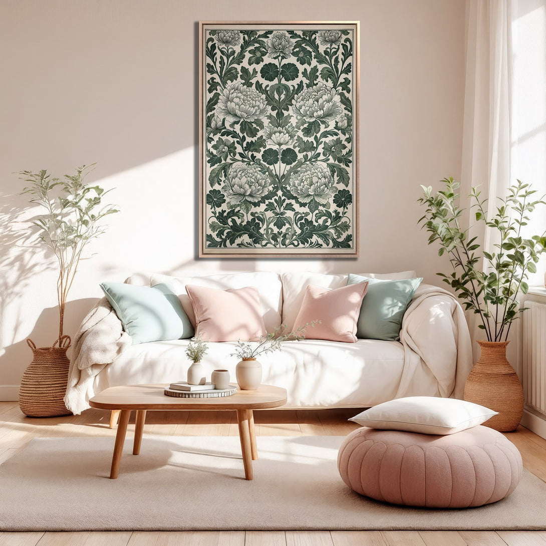 Framed Wall Art featuring a botanical floral print in green and white, displayed in a cozy, neutral-toned living room. Perfect for adding a touch of elegance.