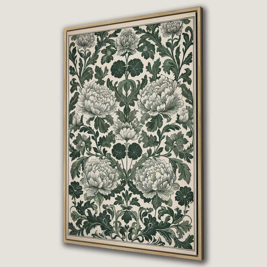 Framed Wall Art featuring a vintage floral design with peonies in a green and cream color palette. Perfect for adding a touch of elegance to any space.