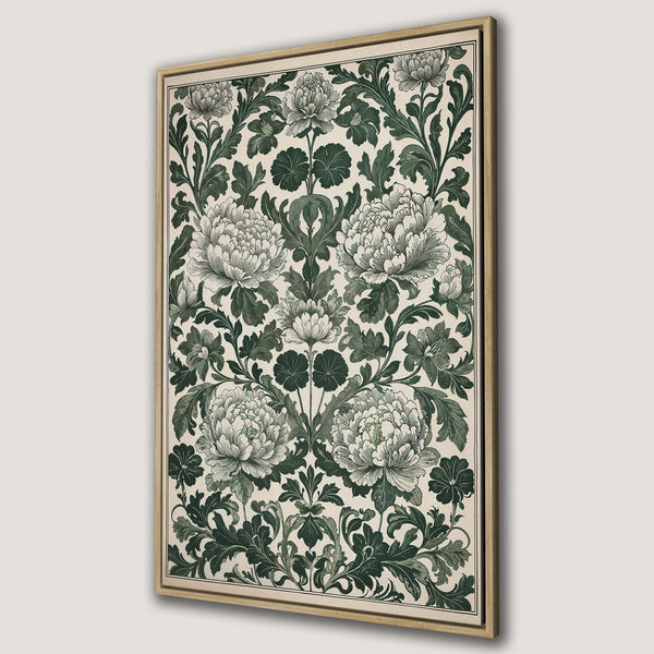 Framed Wall Art featuring a vintage floral design with peonies in a green and cream color palette. Perfect for adding a touch of elegance to any space.