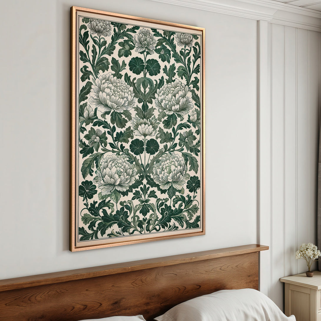 Framed Wall Art: Elegant floral print in green and cream, perfect for bedroom decor. Adds a touch of vintage style to any space.