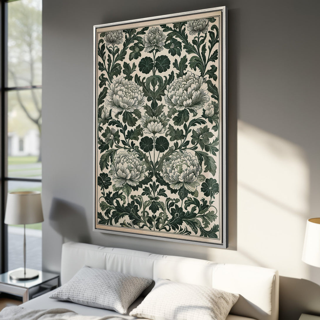 Framed Wall Art featuring a floral pattern in green and cream tones. Classic botanical design perfect for adding elegance to any interior space.