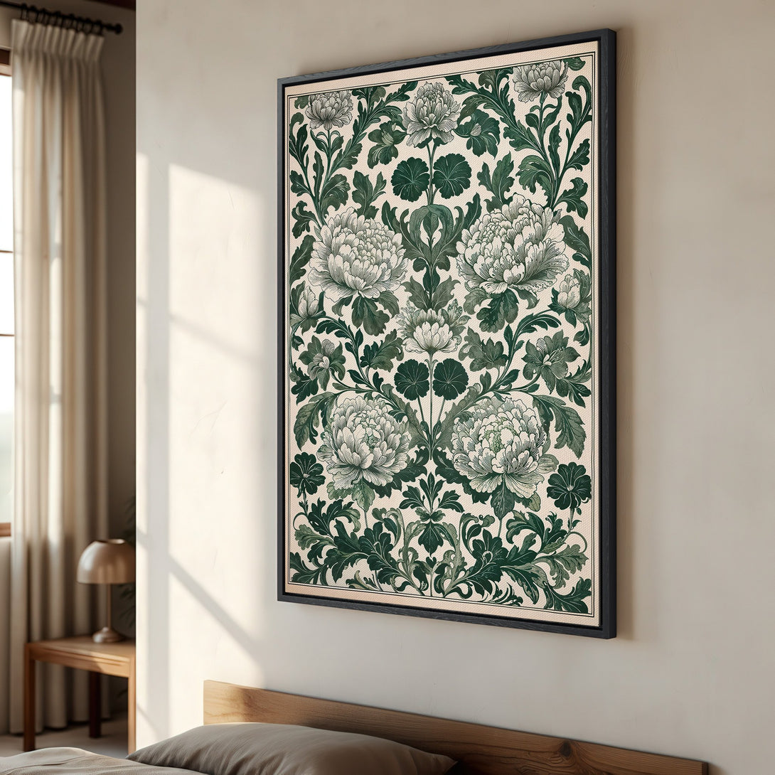 Framed Wall Art featuring a vintage floral pattern in green and white. Perfect for adding a touch of elegance to any room. Shop now!