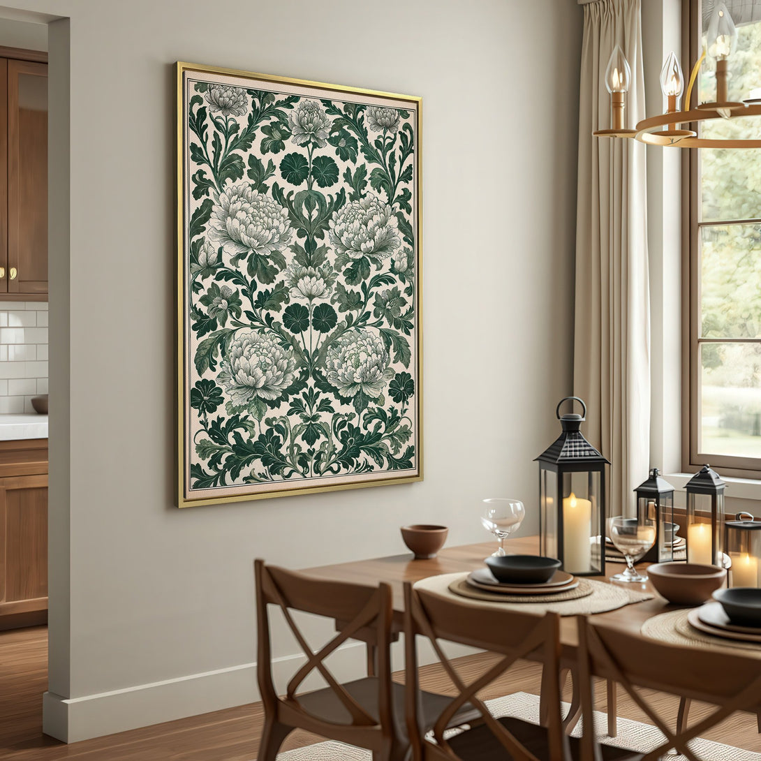 Framed Wall Art featuring a floral pattern in green and cream, displayed in a cozy interior with neutral tones. Perfect for adding elegance to any space.