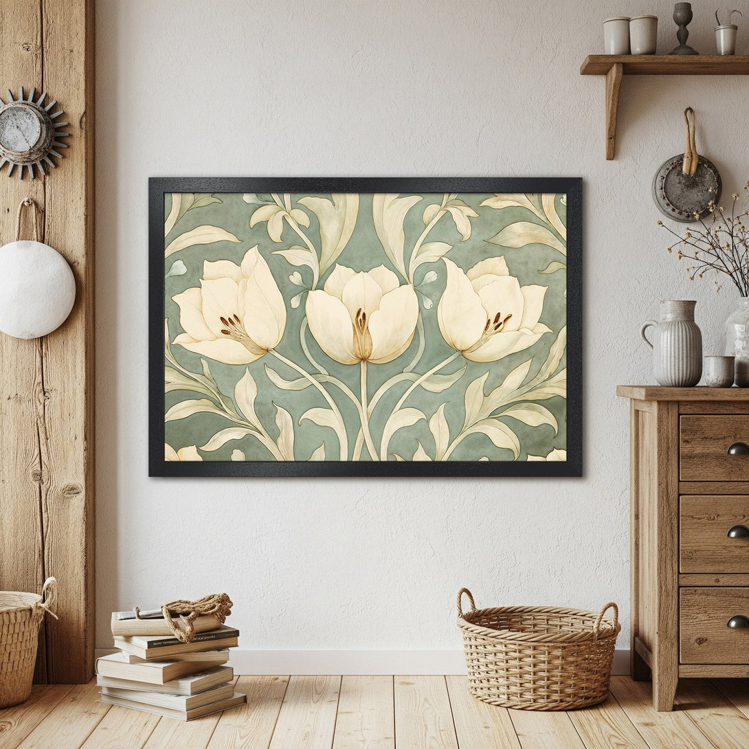Framed Poster featuring floral art in a vintage style with a muted green and cream color palette. Perfect wall decor!