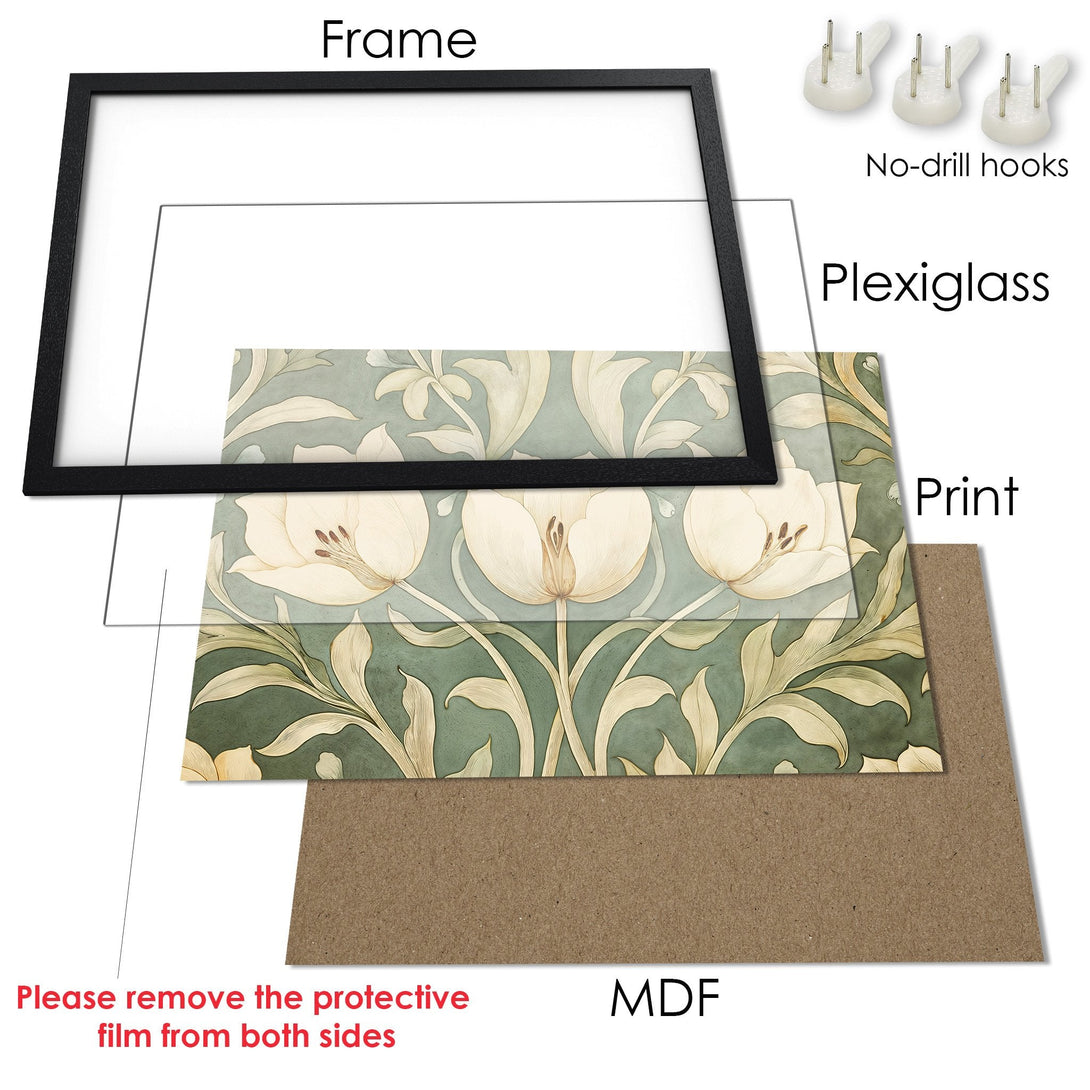Framed Poster featuring a floral design in a vintage style with a green and cream color palette. Perfect wall art!
