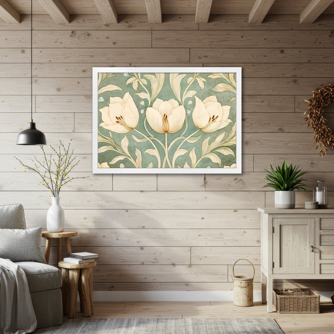 Framed Poster featuring elegant floral art in a vintage style with a soft, muted color palette. Perfect for home decor.