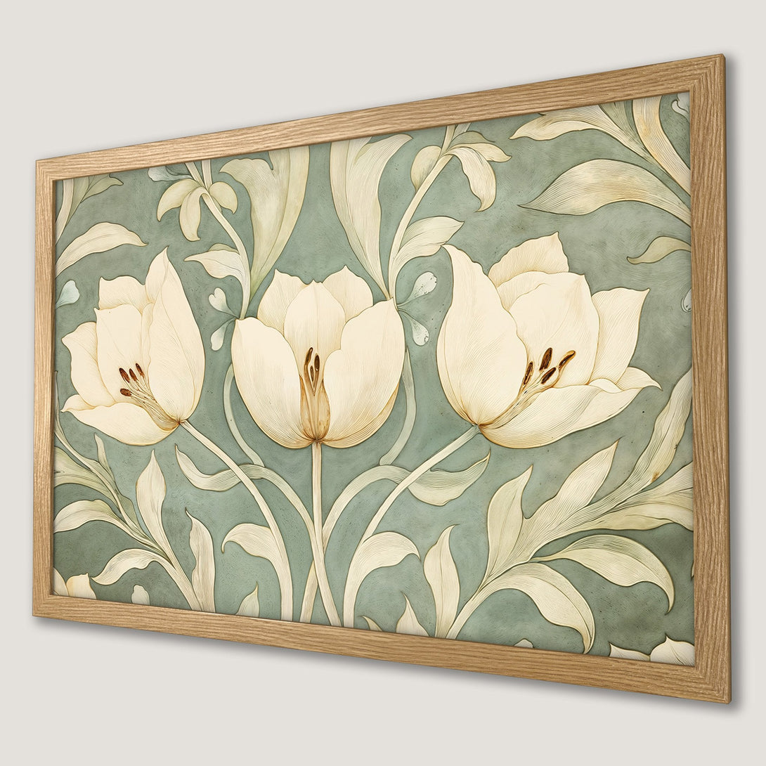 Framed Poster featuring elegant floral art in a muted green and cream palette. Perfect wall decor for a touch of nature!