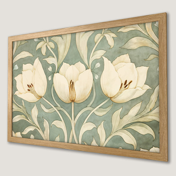 Framed Poster featuring elegant floral art in a muted green and cream palette. Perfect wall decor for a touch of nature!