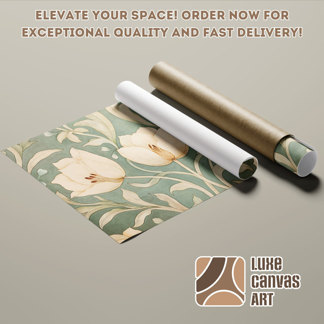 Floral Poster Roll in muted green and beige tones. Perfect art for your home.