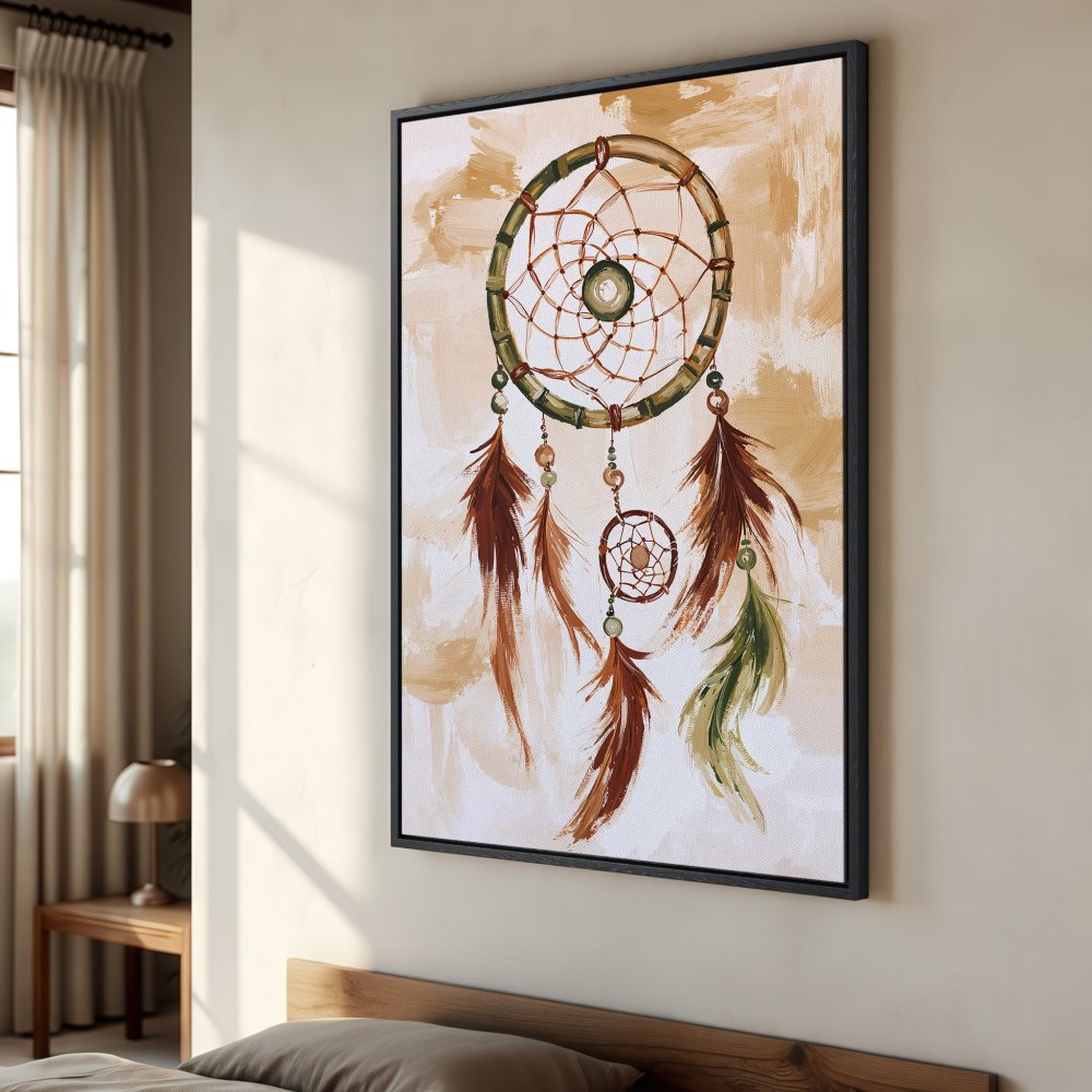 Framed Wall Art: Dreamcatcher painting in warm earth tones. Bohemian style canvas print perfect for bedroom decor.