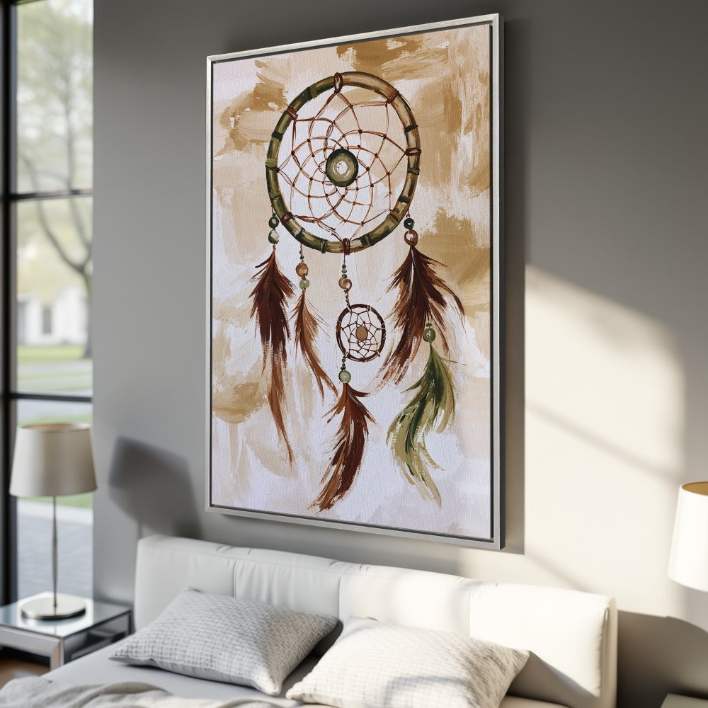 Framed Wall Art: Dreamcatcher painting in earthy tones. Boho-chic style canvas print perfect for bedroom decor. Add a touch of serenity to your space!