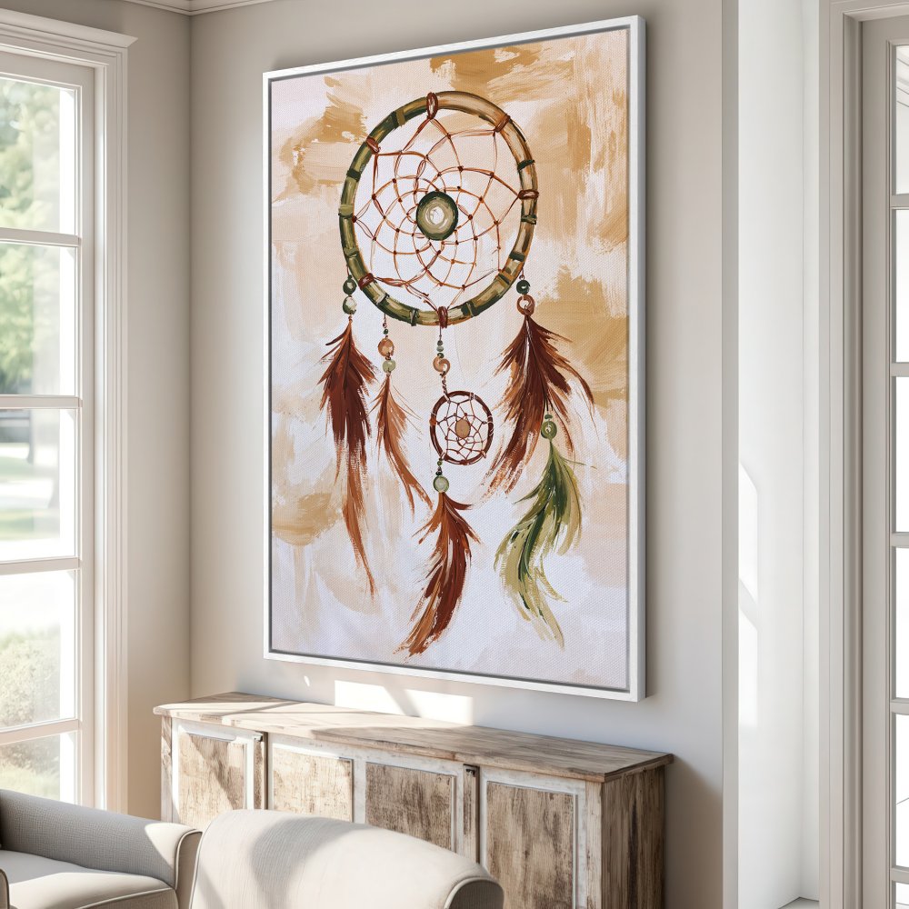 Framed Wall Art: Dreamcatcher painting in warm earth tones. Boho style Canvas Print perfect for living room or bedroom decor.