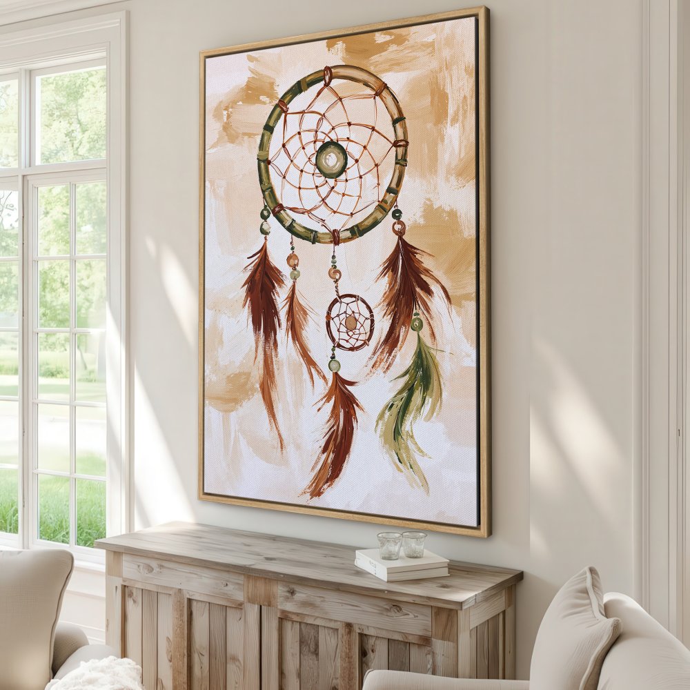Framed Wall Art: Dreamcatcher painting in warm earth tones. Bohemian style canvas print perfect for living room or bedroom decor.