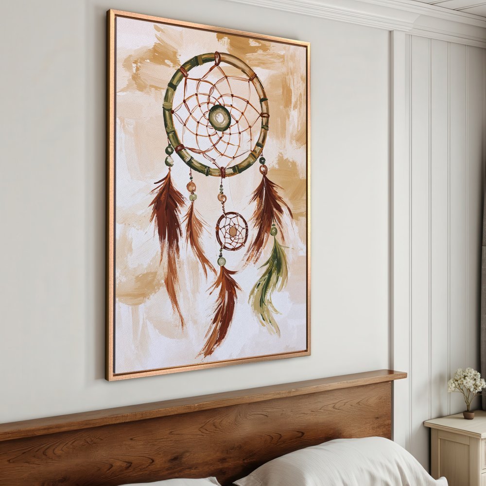 Framed Wall Art: Dreamcatcher Canvas Print in warm earth tones. Bohemian style wall decor for bedroom or living room.