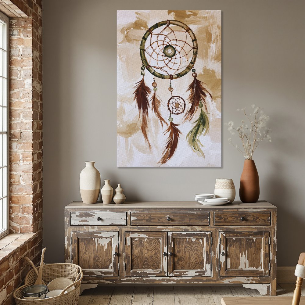 Framed Wall Art: Dreamcatcher canvas print in warm earth tones. Perfect boho decor for your dining room or living space.