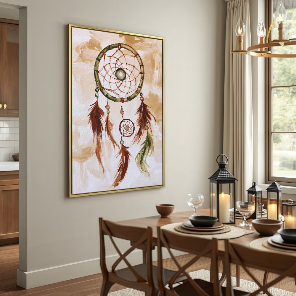 Canvas Print: Dreamcatcher wall art in boho style, featuring warm earth tones. Perfect for adding a touch of serenity.