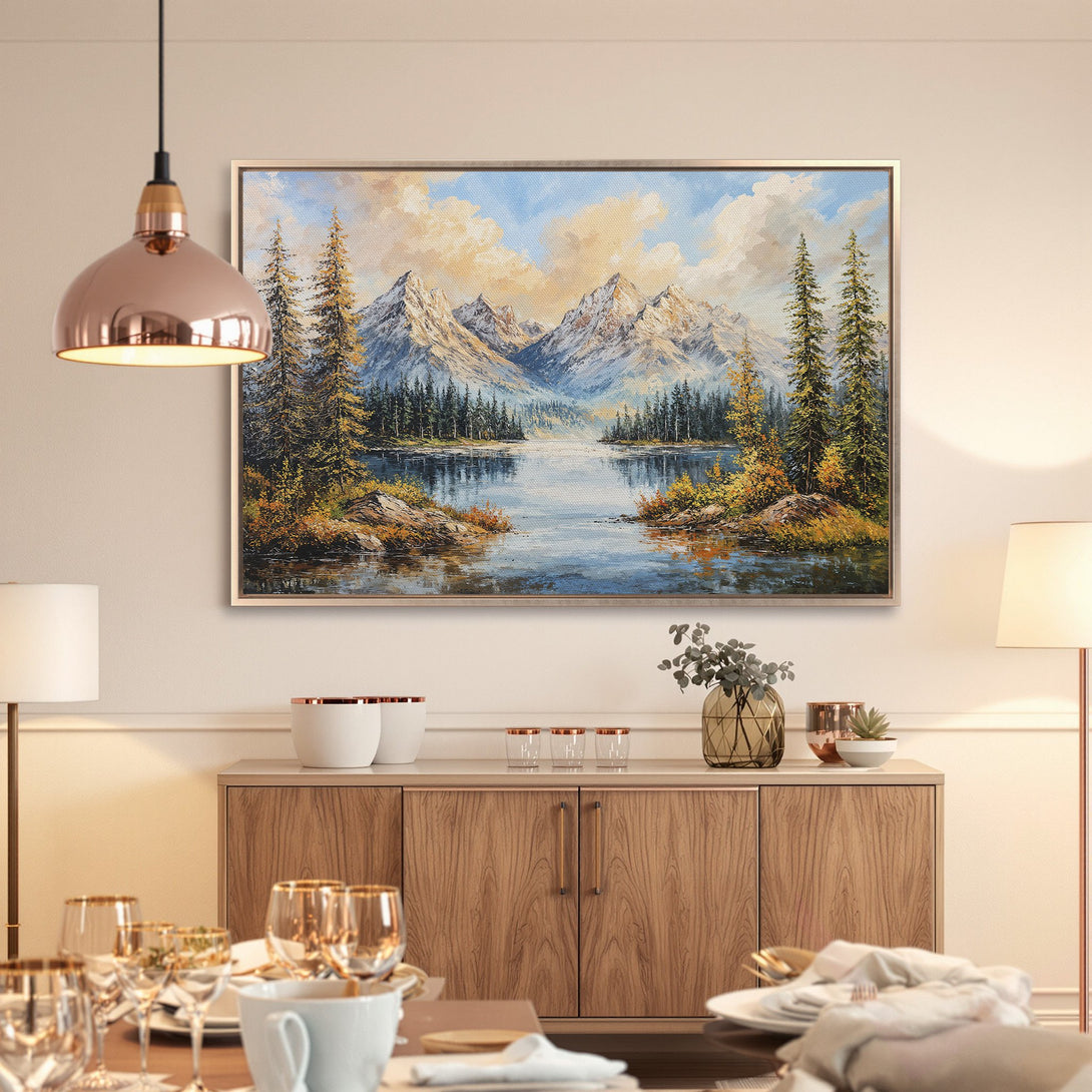 Framed Wall Art: Mountain landscape painting in warm tones. Bring nature's beauty indoors with this stunning canvas print. Perfect for any room!