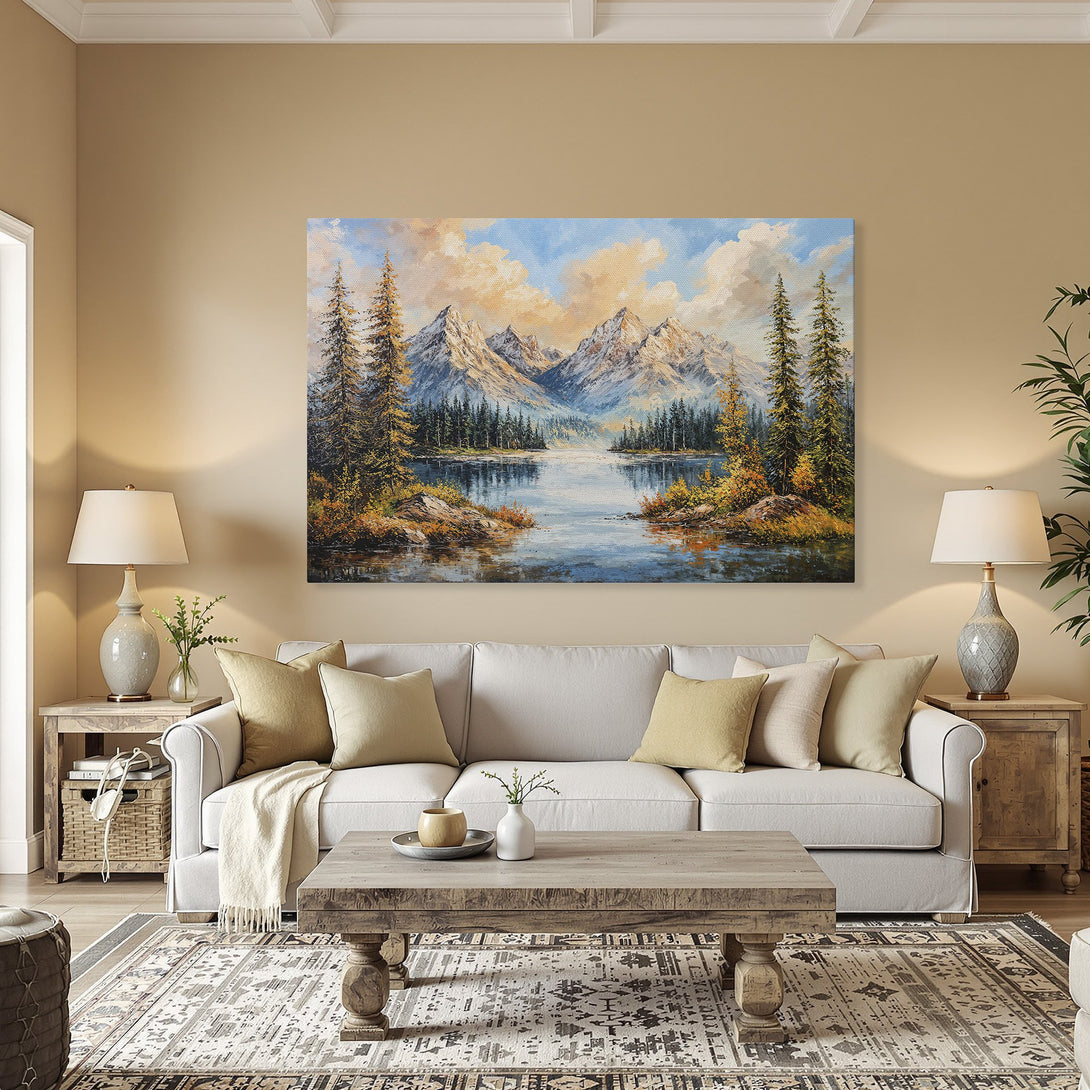 Framed Wall Art: Mountain landscape Canvas Print in warm tones. Classic style with blue, gold, and green color palette. Perfect for adding a touch of nature.