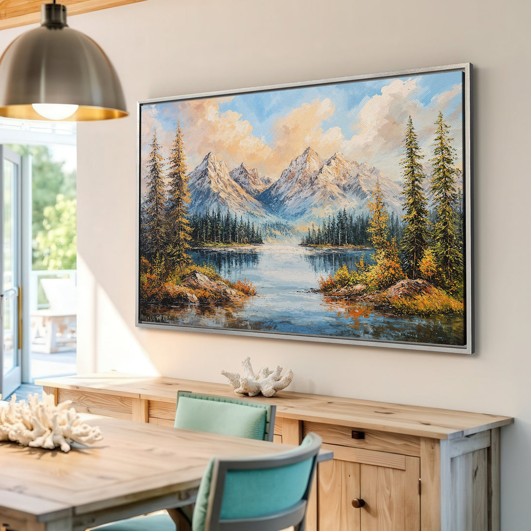 Framed Wall Art: Mountain lake landscape Canvas Print in warm tones. Adds a touch of nature & serenity to any space. Shop now for stunning wall decor!
