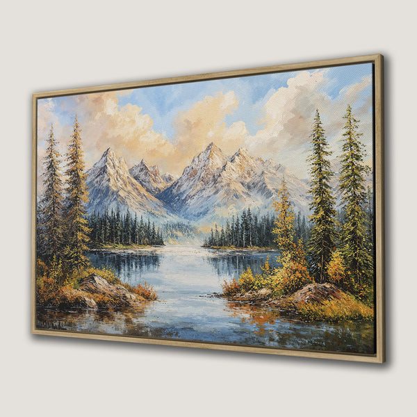 Framed Wall Art: Mountain lake landscape Canvas Print. Oil painting style with blue, green, and gold color palette. Perfect for home decor.