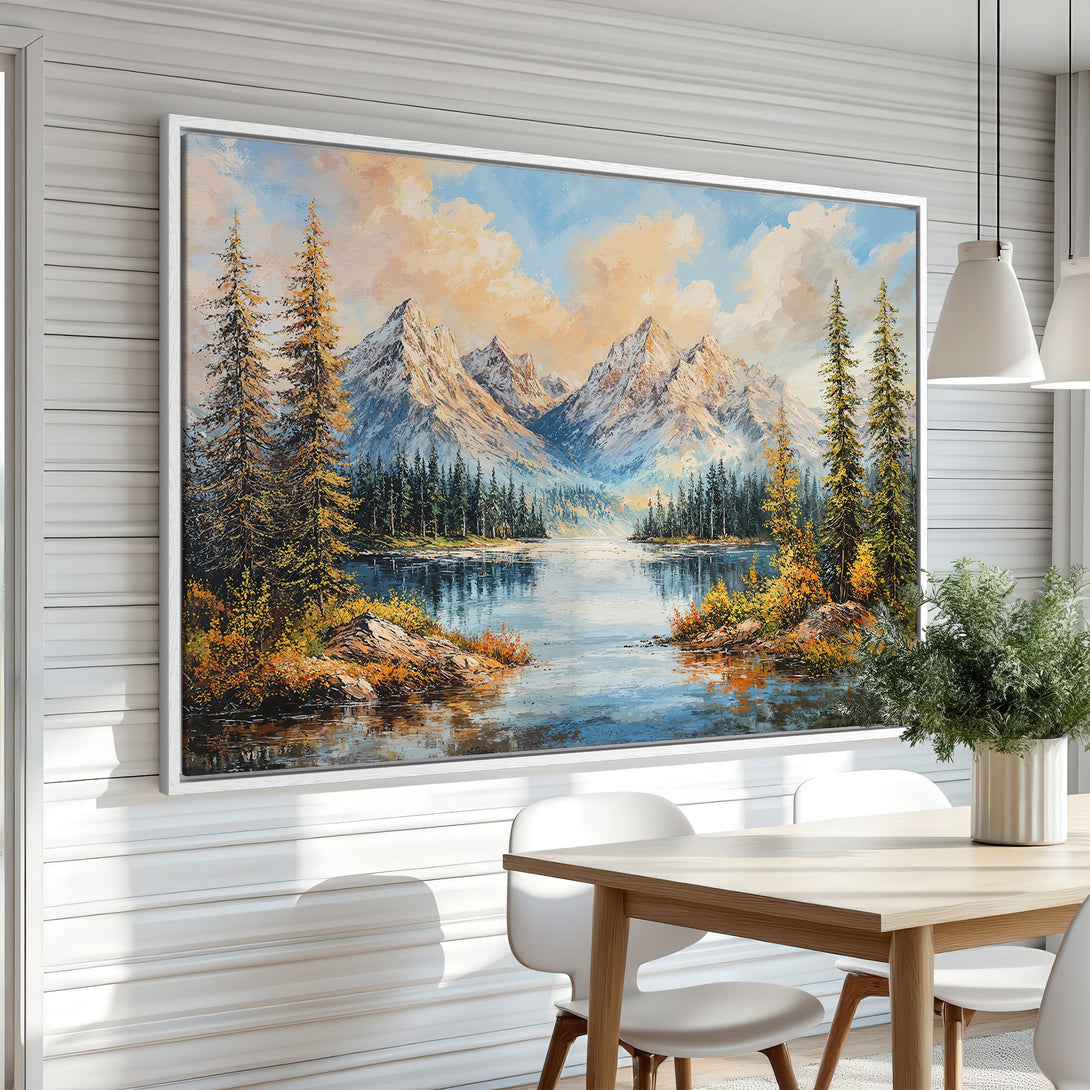 Framed Wall Art: Stunning mountain lake landscape canvas print in warm autumn tones. Bring nature's beauty into your home with this vibrant artwork.