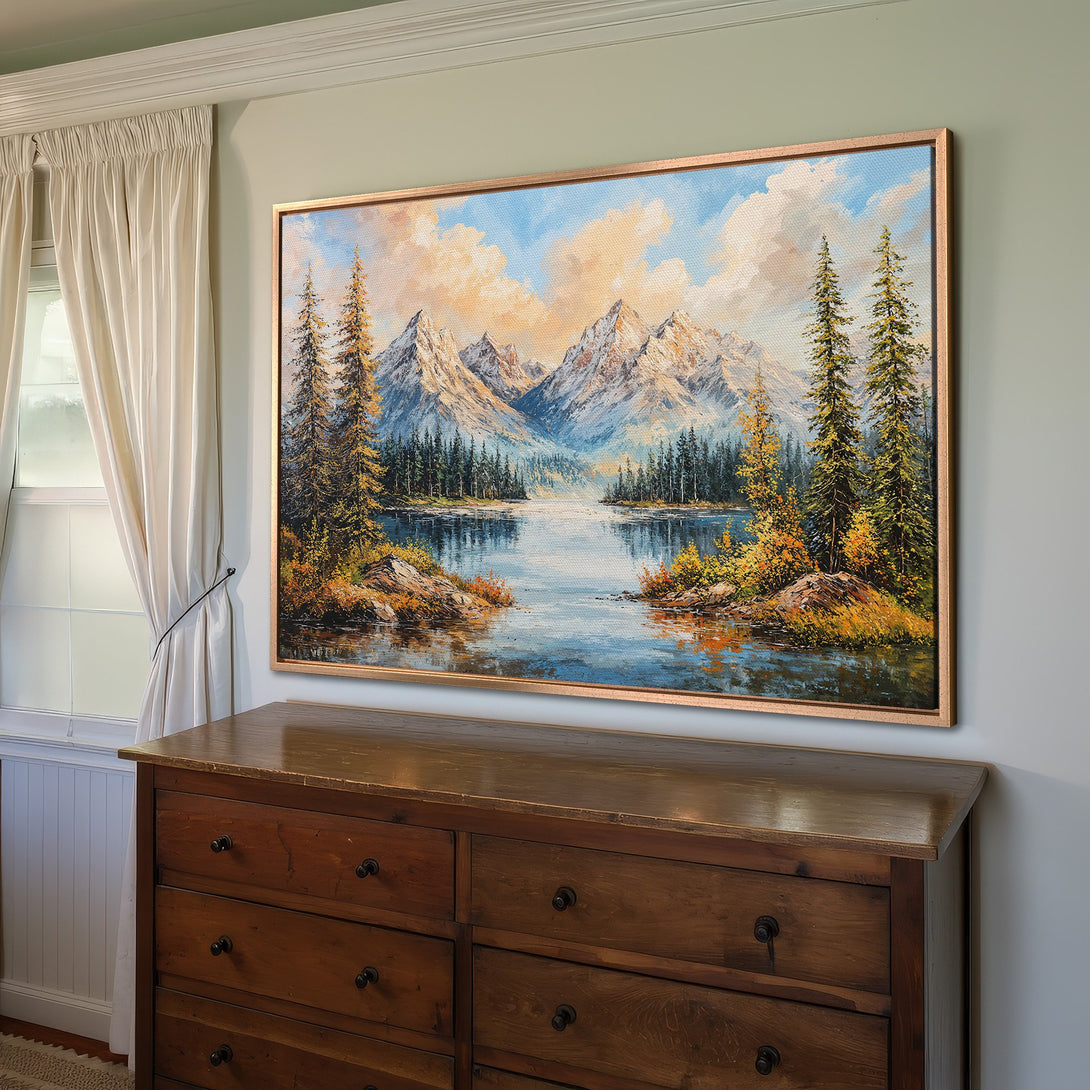 Framed Wall Art: Stunning mountain landscape Canvas Print. Warm color palette with blues, golds, and greens. Perfect for adding a touch of nature to your home decor.