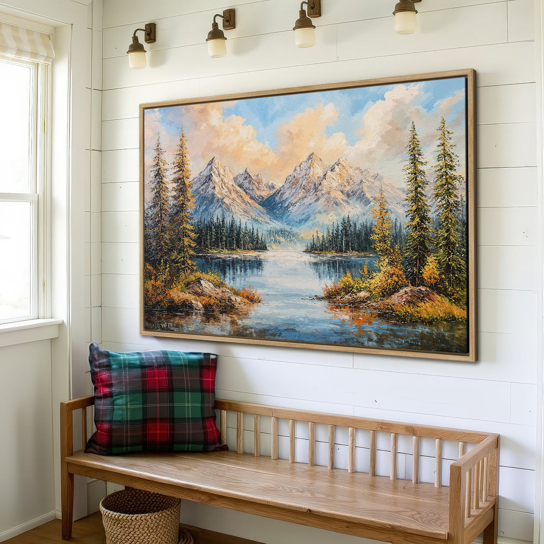 Framed Wall Art: Mountain landscape Canvas Print with blue, green, and gold hues. Rustic art for home decor. Bring the outdoors in!