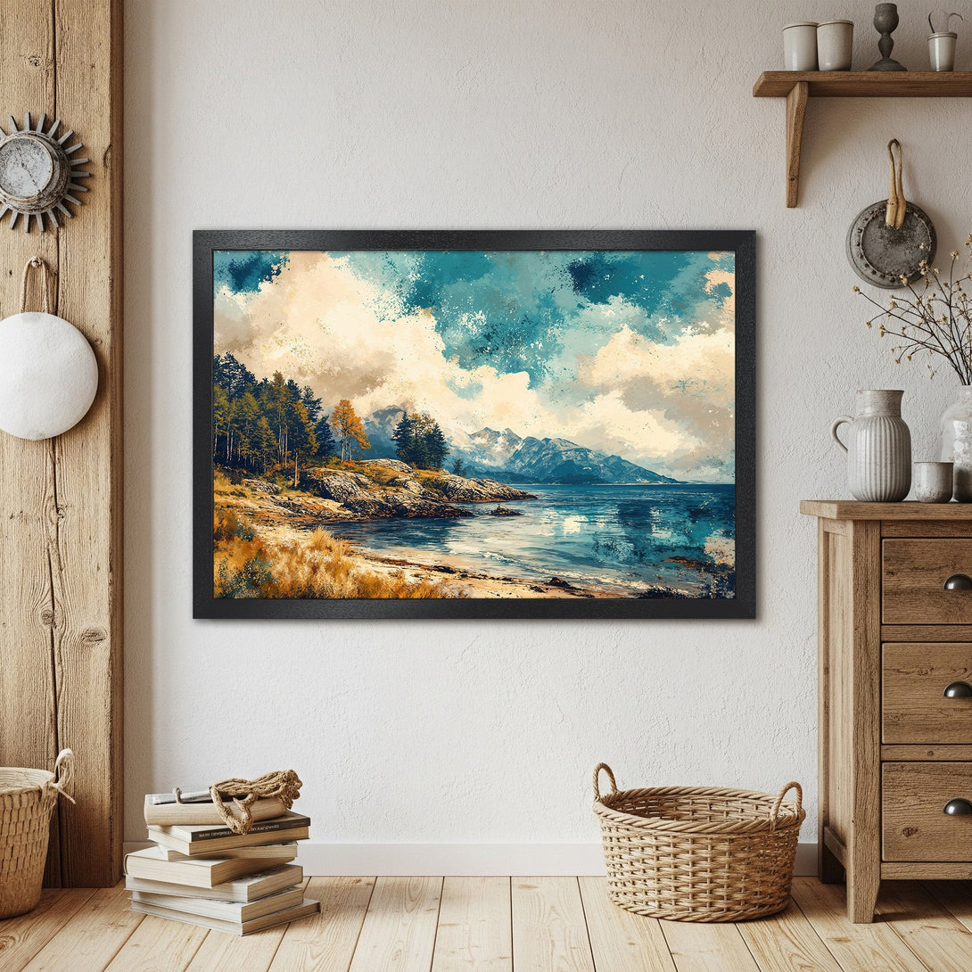 Framed Poster of a scenic landscape in a watercolor style with a blue and beige color palette. Perfect wall art!