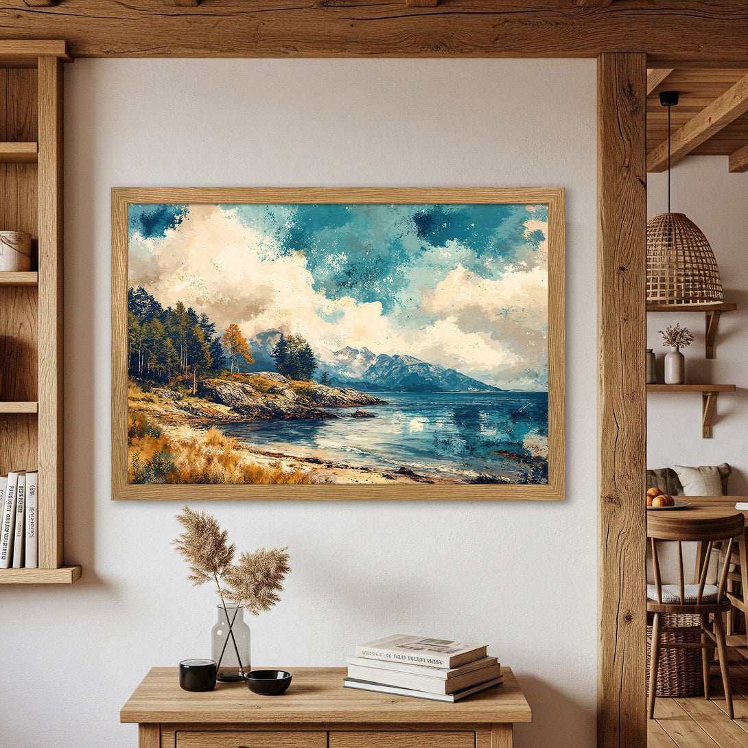 Framed Poster featuring a landscape painting with a blue and beige color palette, perfect wall art for your home.