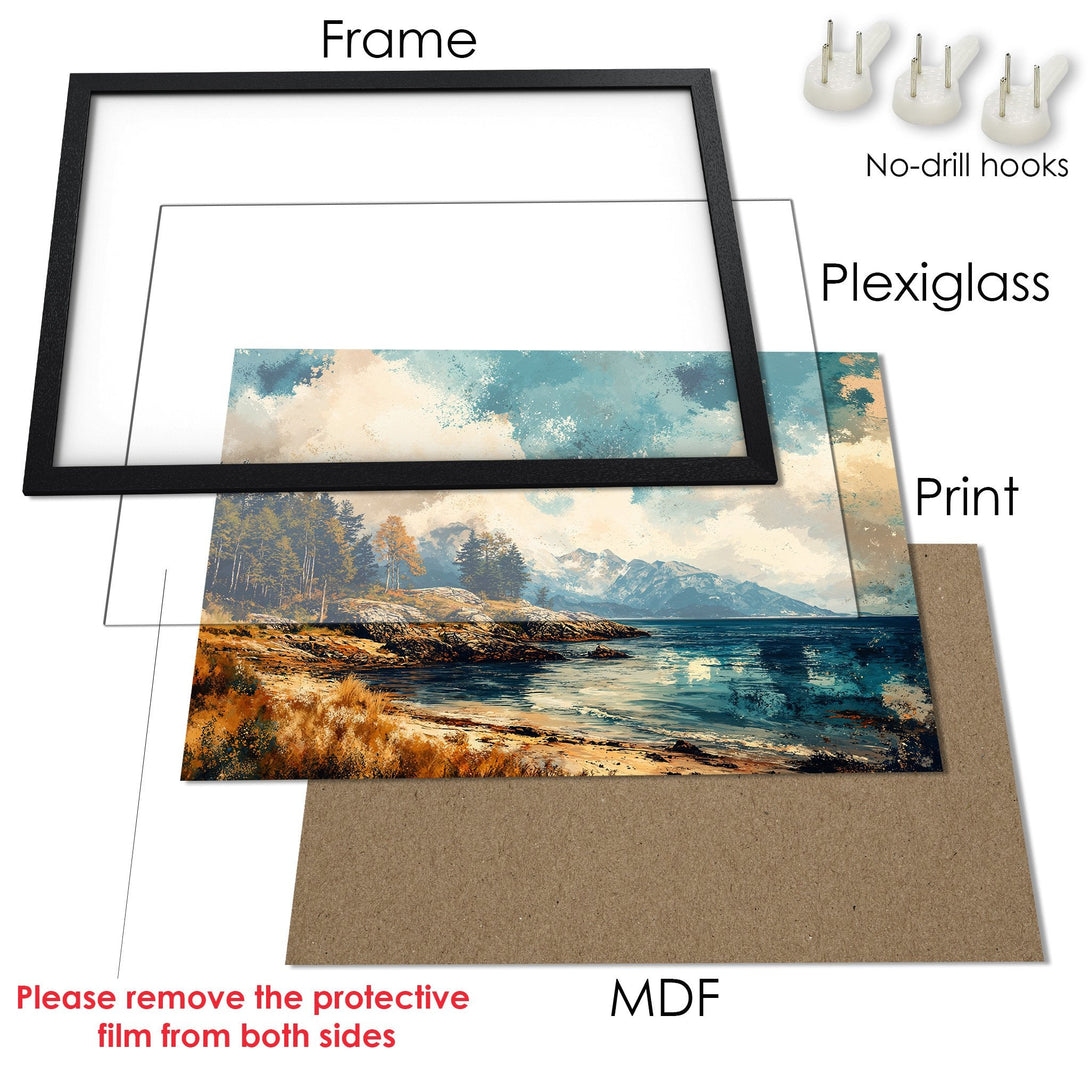 Framed Poster of a serene landscape painting in blue, beige, and green hues. Perfect wall art for your home!
