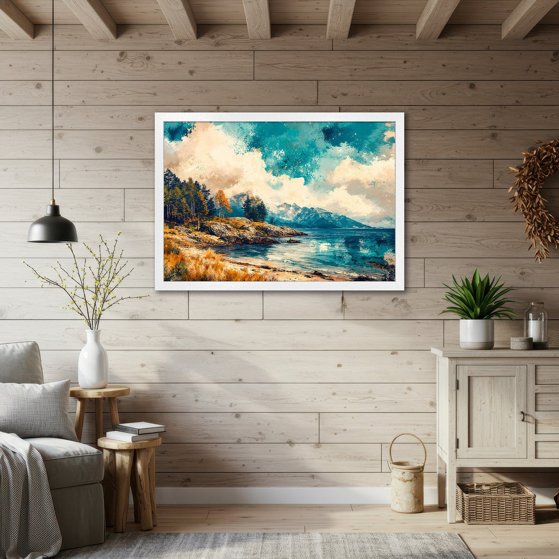 Framed Poster featuring a watercolor landscape with teal, blue, and gold hues. Perfect wall art for a serene home.