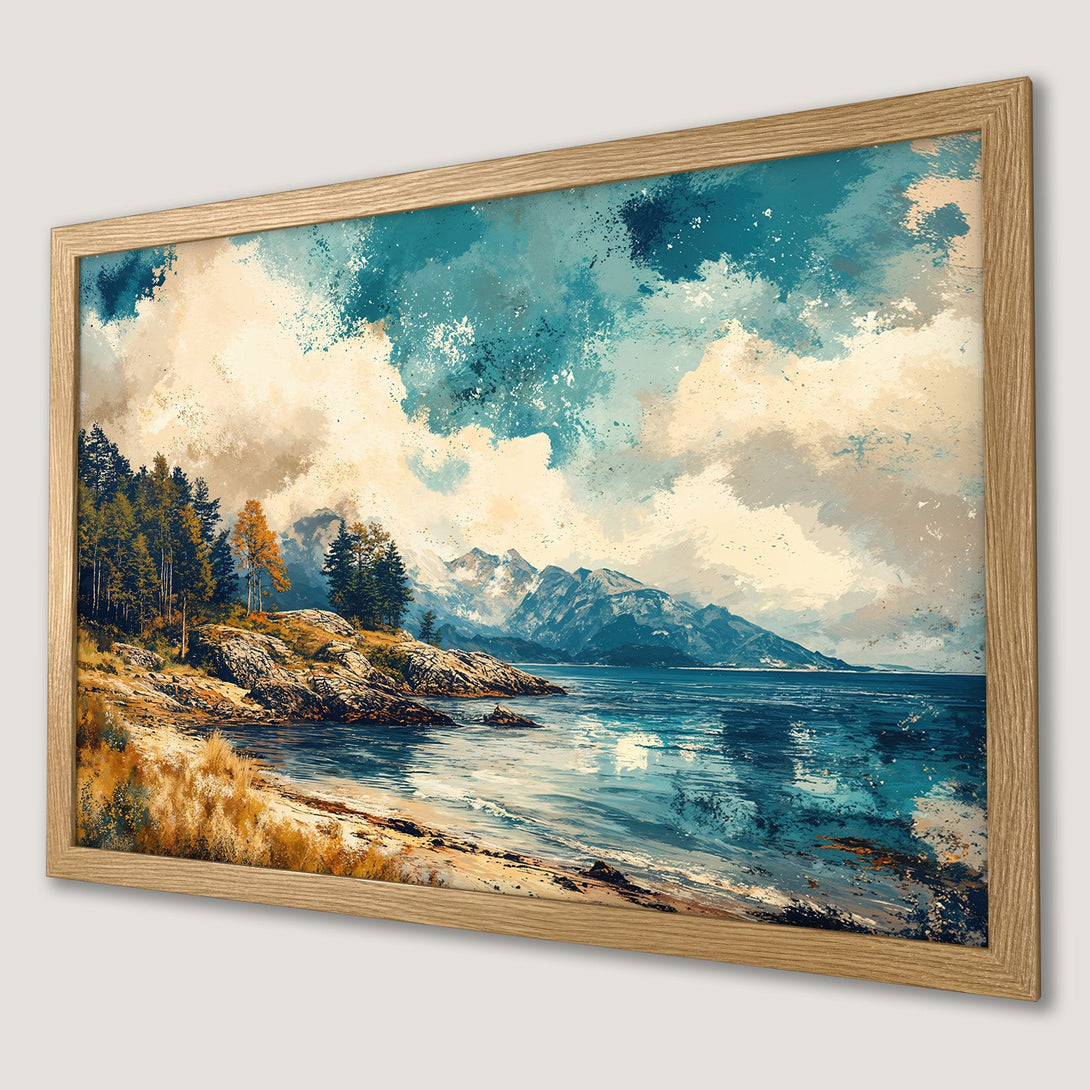 Framed Poster of a serene landscape painting. Featuring mountains, water, and trees in a blue and beige palette.
