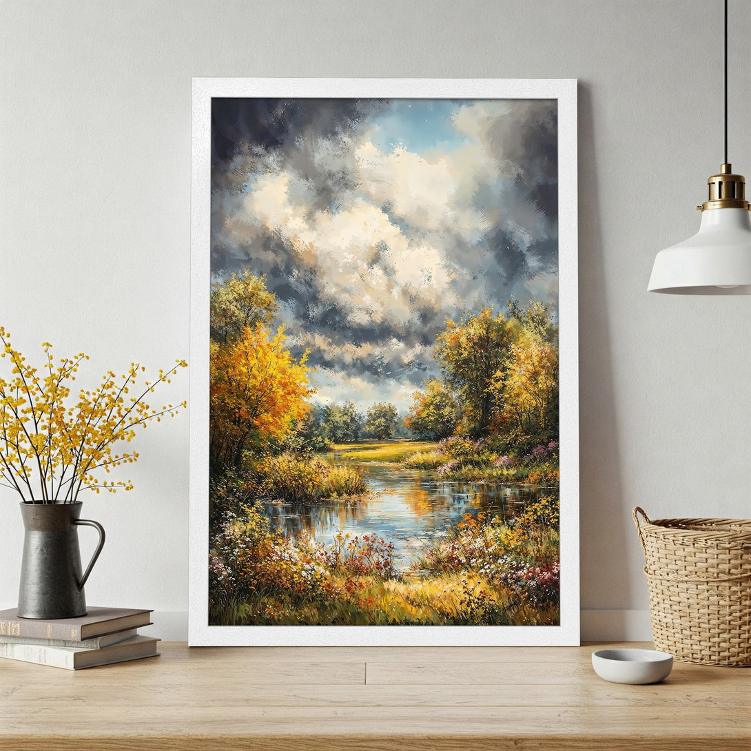 Framed Poster of a serene landscape painting with a cloudy sky, warm autumn colors, and impressionistic style. Perfect wall art!