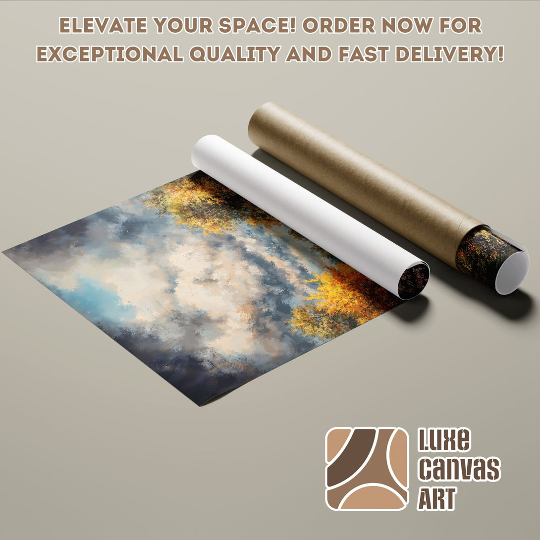 Poster Roll of an Impressionistic landscape painting in blue, yellow, and neutral tones. Perfect wall art!