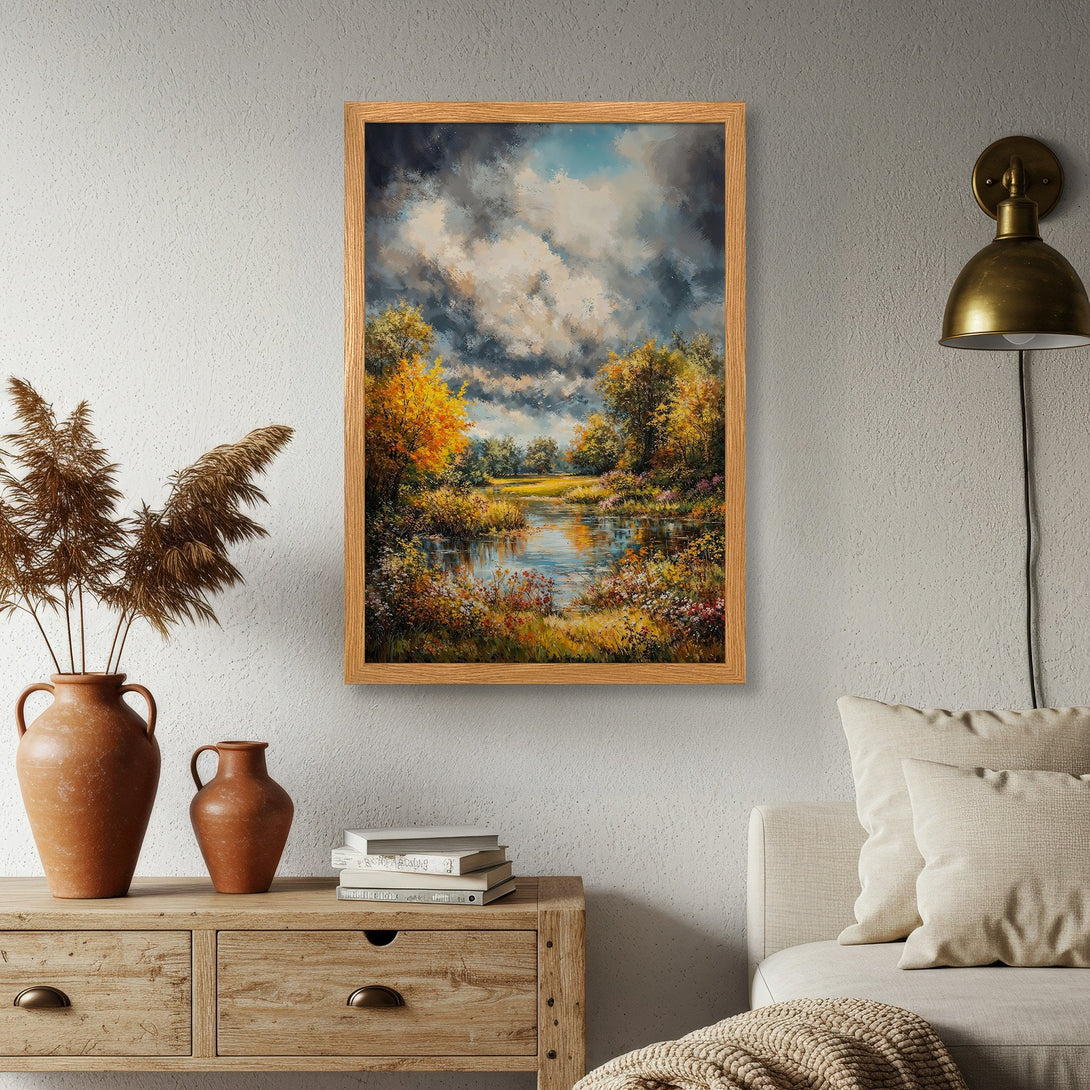 Framed Poster featuring a serene landscape painting. Warm autumn color palette with impressionistic style. Perfect wall art for your home.